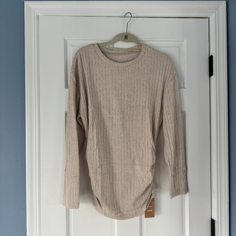 NWT SHEIN Frenchy Beige Ribbed Ruched Tee Size Medium Drop Shoulder Long Sleeve